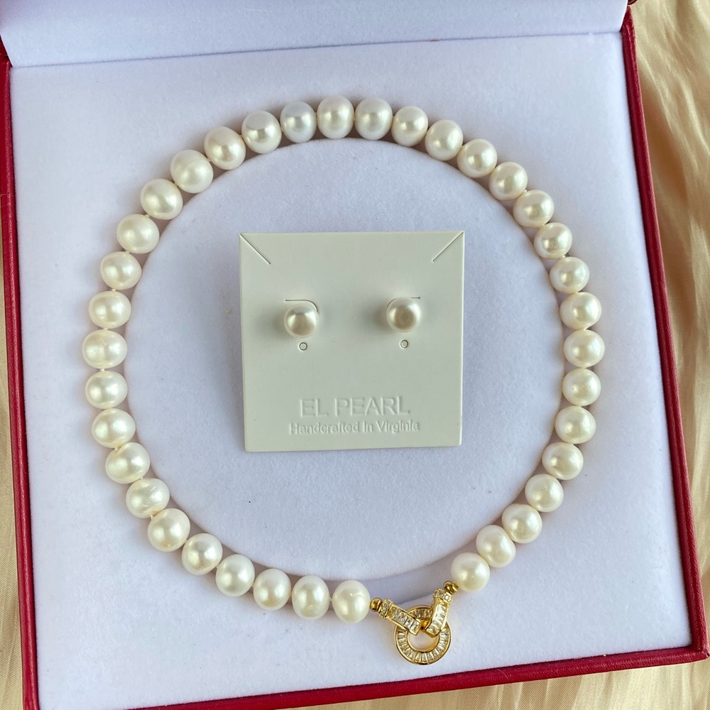 Handknotted 11mm fresh water pearl necklace & earring sets